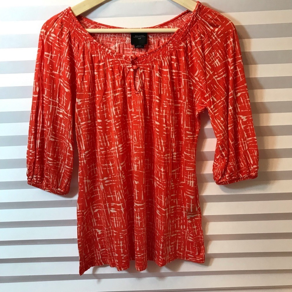 DELETTA Orange White Geometric Print‎ 3/4 Sleeve Smocked Neck Tunic Top Small